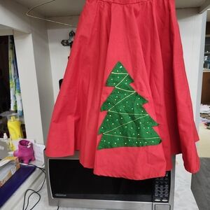 Holiday Red A-Line Skirt with Green Tree Design